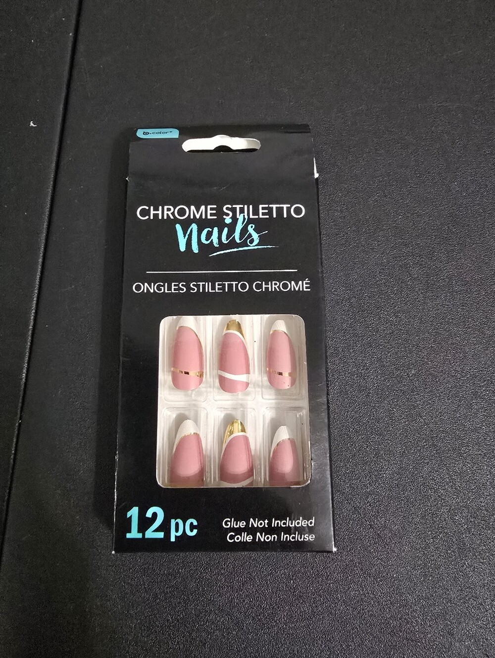 New Chrome Stiletto Nails - Pink & Gold False Nail Set (12 pc)
